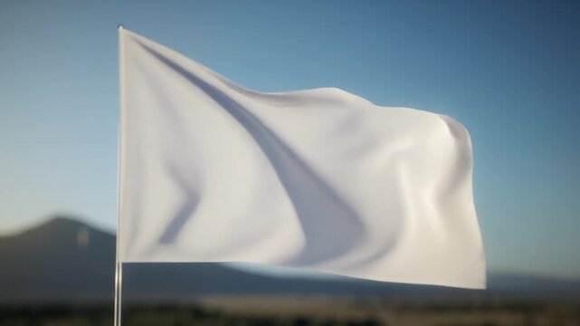 Waving white flag outdoors, symbolizing surrender, peace, or neutrality. Gentle breeze.
