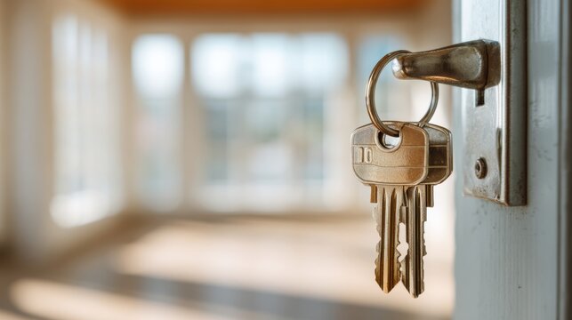 Real estate business market, house home building purchase sale. A door handle with a bunch of keys hanging from it, set against a blurred background. The keys are likely being used to open the door.