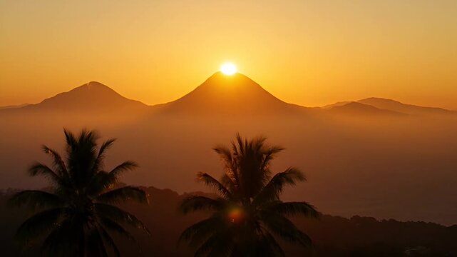 Volcanic sunset near ring of fire with palm trees and mountains