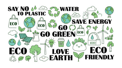 Fototapeta premium Eco-Friendly World: A delightful collection of eco-friendly elements is composed to save earth. This vibrant illustration promotes environmental awareness, showcasing themes of recycling.