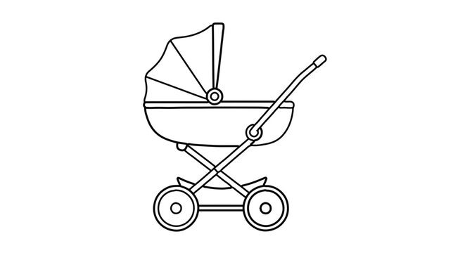 Baby stroller line art illustration, classic pram icon for newborn transportation