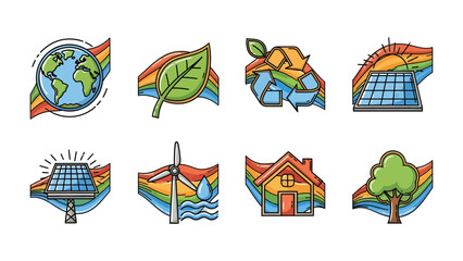 Naklejka premium Eco-Friendly Symbols Set: A vibrant collection of environmentally conscious icons showcases sustainable living, featuring a globe, leaf, recycling symbol, solar panel, windmill, house.