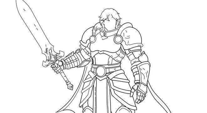 Line art drawing of a fantasy knight in full plate armor holding a greatsword