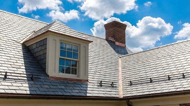 Residential House Roof with Slate Tiles Dormer Window and Chimney