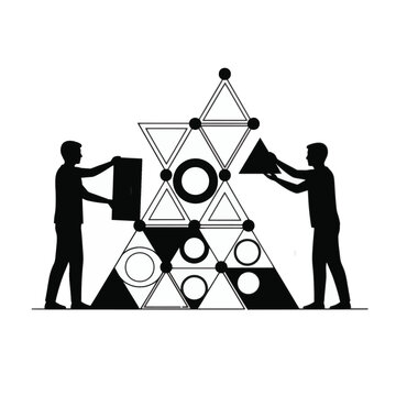 Silhouettes building geometric pyramid structure, teamwork, collaboration, abstract design elements