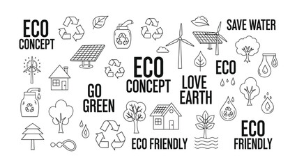 Naklejka premium Eco-Friendly Concept: A visually engaging illustration, packed with icons that represent eco-consciousness. It's a call to action for environmental stewardship.