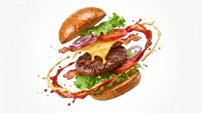 A mouthwatering, deconstructed hamburger with all the fixings floating in mid-air against a clean white background, capturing the essence of delicious fast food