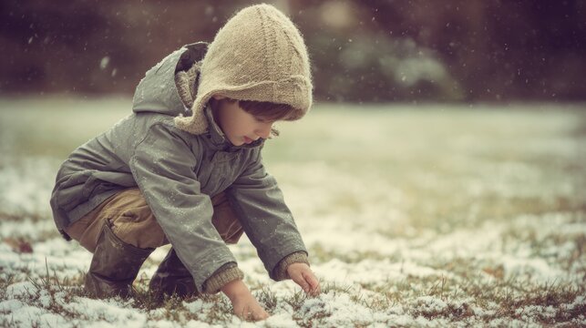 Spring snow ice thaw, end of Winter Season, hope, fresh start. A young child wearing a jacket and hat, crouched in a field of snow, playing with a snowflake. The background is blurred.