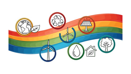 Naklejka premium Eco-friendly World: A vibrant illustration showcasing the pillars of environmental sustainability. Featuring symbols of renewable energy, recycling, and conservation.