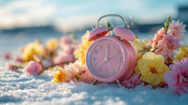 Spring snow ice thaw, end of Winter Season, hope, fresh start. A pink alarm clock sitting atop a snowcovered ground, surrounded by pink and yellow flowers. The background is slightly blurred.