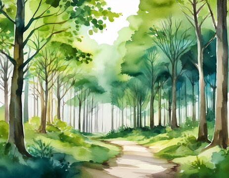 watercolor forest landscape with green trees and path
