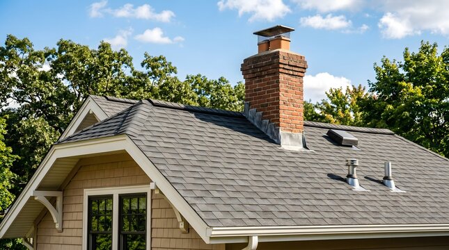 Grey asphalt shingle roof with brick chimney and green trees