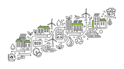 Obraz premium Eco-Friendly Blueprint: An intricate graphic illustrating the sustainable city concept, weaving together elements of renewable energy, eco-friendly buildings.