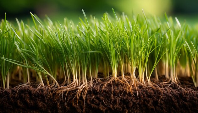 a close up view of healthy grass revealing its intricate root system beneath the soil