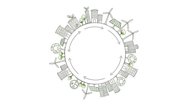 Eco-Friendly City: A visionary illustration of a sustainable metropolis encircled by symbols of renewable energy, representing a commitment to a greener planet. 