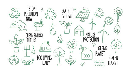 Fototapeta premium Eco-Friendly Icons: A collection of meticulously designed icons representing environmental conservation, sustainable living, and the urgent need for eco-conscious actions.