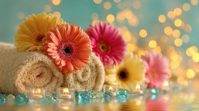 Therapy stress release treatment, health lifestyle. A tranquil spa setting with a vibrant array of flowers and candles placed on a surface of water. The background is softly blurred.