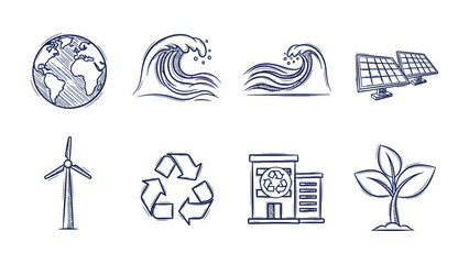 Eco-Friendly Sketch Collection: A collection of hand-drawn sketches highlighting the core elements of environmental consciousness, including the Earth, renewable energy sources, and recycling symbols. © Nusaybah