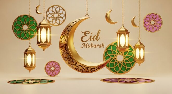A joyful Eid al-Adha Mubarak greeting card featuring a cute 3D cartoon sheep, Arabic calligraphy, and festive lanterns on a dark, starry background.