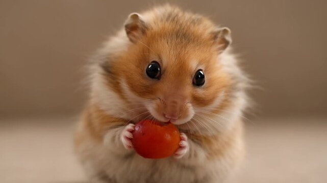 Cute hamster face looking at camera holding a small tomato