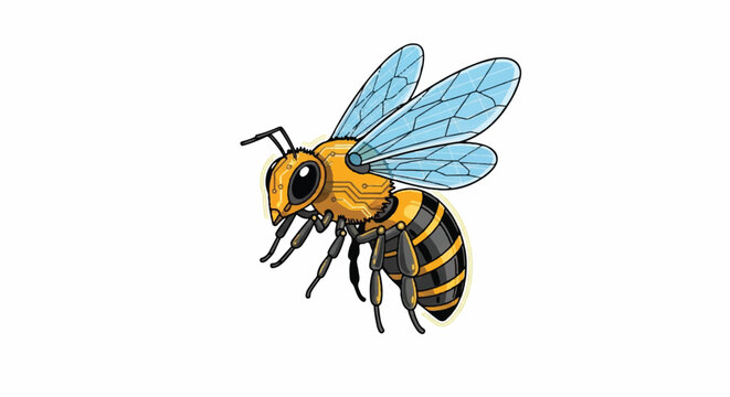 A colorful illustration of a bee flies through the air with visible wings.