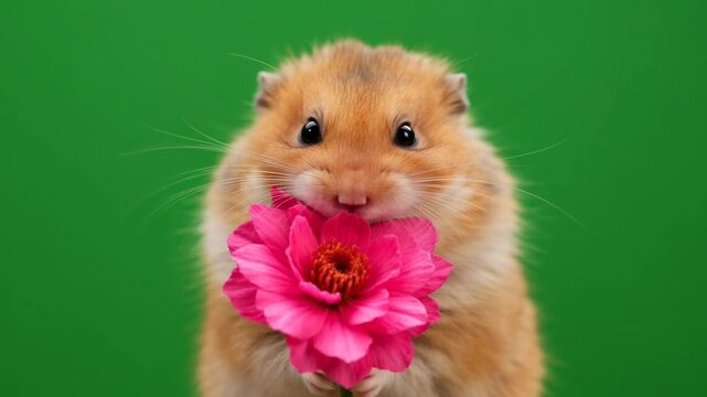 Cute golden Syrian hamster face sniffing a bright pink flower