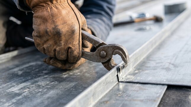 photo of a technician repairing a roof with safety equipment made by AI generative