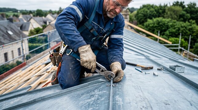 photo of a technician repairing a roof with safety equipment made by AI generative