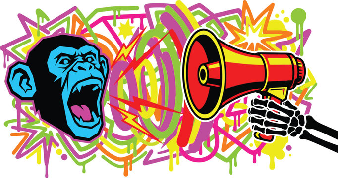 Monkey head yells into a megaphone gripped by a skeleton hand amidst a spray painted backdrop.