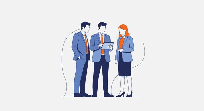 Three business professionals discuss documents in a modern office setting together