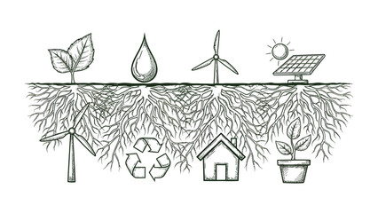 Fototapeta premium Eco-Friendly Elements: A visual narrative highlighting sustainable practices, representing a harmonious blend of renewable energy sources, environmental conservation and a greener world.
