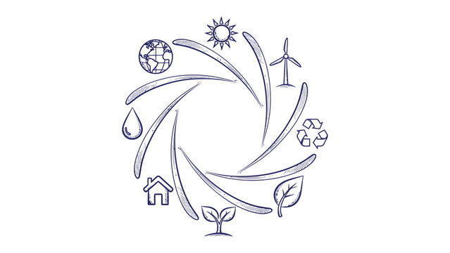 The Cycle of Nature: a beautifully illustrated depiction of environmental icons intertwining in a continuous cycle, representing the harmonious interplay of nature's elements. 