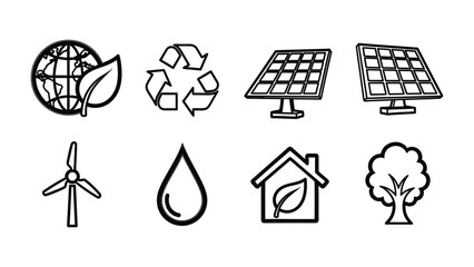 Eco-Friendly Icons: A collection of simple, yet striking hand-drawn icons representing the core principles of sustainable living and renewable energy. A visual symphony of environmental consciousness. © Rokaiya
