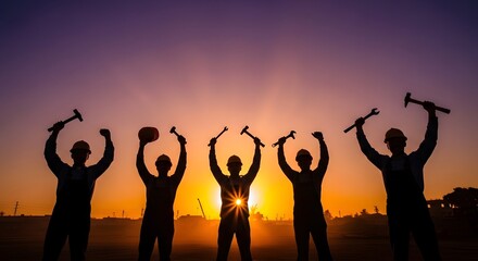 Fototapeta premium Against the Sunset: Five Raise Their Tools Silhouettes of Solidarity: End of Day Triumph Orange and Purple Sky: A Workers' Victory Tools Up, Spirits High: Five at Dusk The Glare of Achievement: Sunset