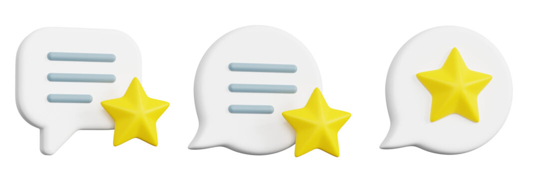 3D illustration of a white speech bubble with a star symbol representing customer review and rating. Feedback, testimonial and evaluation concept in a clean modern style isolated on transparent back