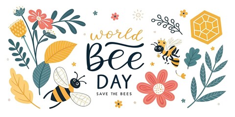 Naklejka premium Cute bees with flowers celebrating bee day nature conservation banner