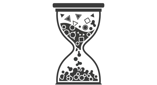 Hourglass with various small shapes inside.