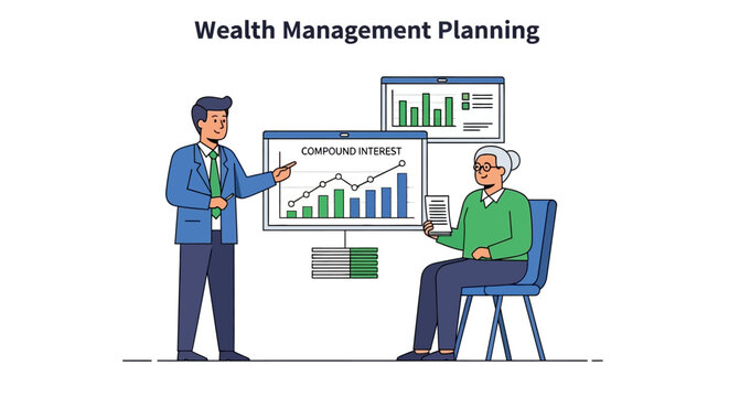 Vector illustration of a financial advisor presenting wealth management planning and compound interest growth charts to an elderly client