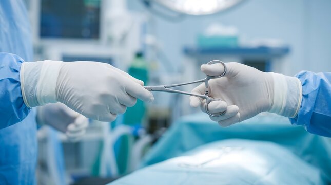 Clinical gloved hands passing sterile forceps during high-stakes surgery to improve procedural workflow and patient safety in a modern theater.