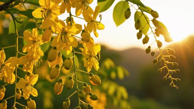 Radiant Golden Shower Tree flowers blooming with yellow petals illuminated by warm sunset light in a lush garden for nature documentaries and travel promotions.