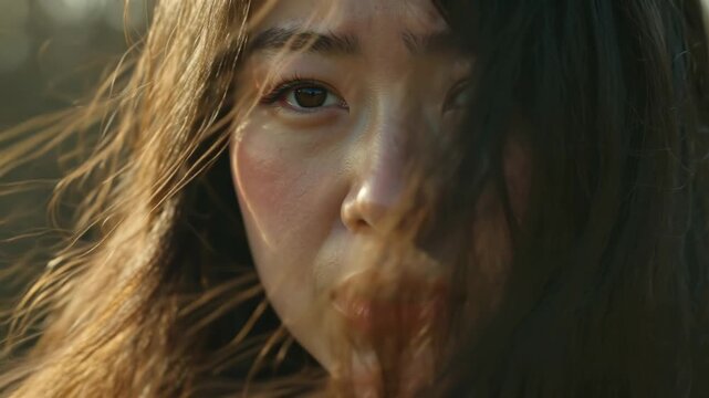 Close-up portrait of a young woman with long brown hair and a contemplative expression in soft natural lighting.