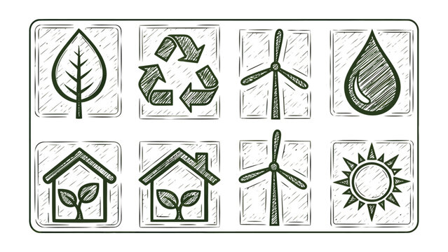 Eco-Friendly Icon Set: A collection of hand-drawn icons showcasing elements related to sustainability and environmental conservation. Depicting a green ethos with leaves, recycle symbols.