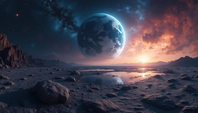 Alien planet landscape with large glowing orb in sky above rocky terrain and reflective water pools. Cosmic scene with nebula clouds and distant mountains at sunset.