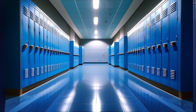 a low angle view of an empty blue locker room with symmetrical rows of lockers under bright fluorescent lights reflecting off the shiny floor