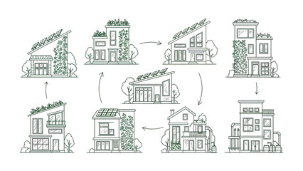 Obraz premium Sustainable Urban Designs: An illustrative depiction of various eco-friendly architectural models, showcasing the harmony of innovation and sustainability for urban living.