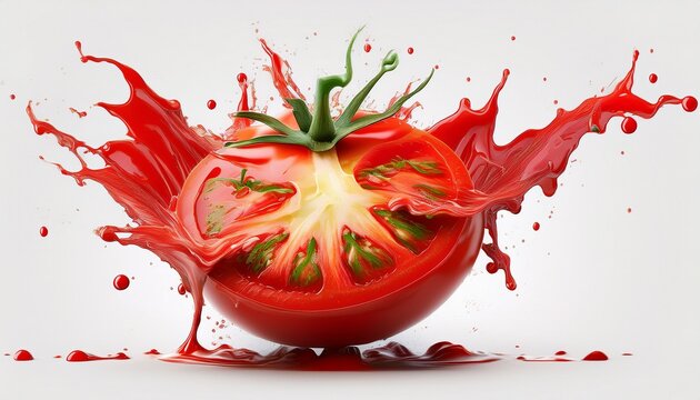 isolated half of a tomato wrapped with a large splash of juice on cutout white background generative ai