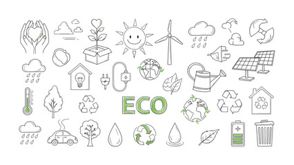 Fototapeta premium Eco-Friendly Icon Set: A comprehensive collection of hand-drawn eco-friendly icons representing various aspects of sustainability and environmental protection.