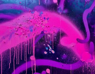 Naklejka premium close up graffiti on a wall features neon pink and purple spray paint paint splatter and abstract shapes representing urban street art