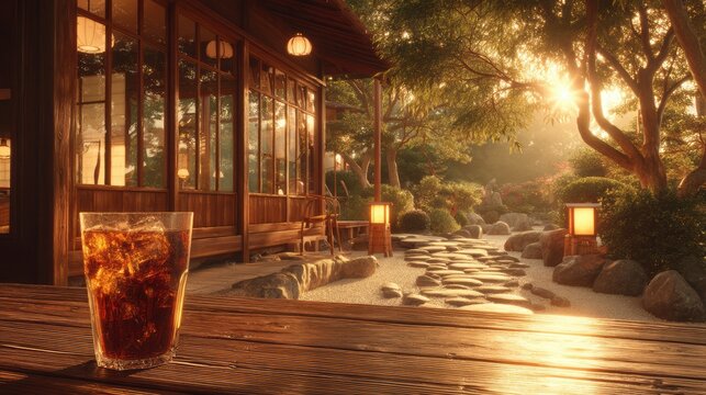 Spring Summer outdoor leisure relaxation activity. A vivid portrayal of a serene Japanese garden at sunset. The main subject is a wooden structure with large glass windows.