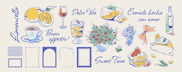 Plakat Whimsical french breakfast in blue and yellow color set. Cute food as dessert, cake and pancakes with cafe cup as doodle. Hand drawn icon collection, breakfast brunch menu template with line frame